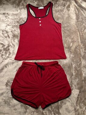 Vlazom Pajama Set Women’s Size S Burgundy/Red Racerback Tank Black Trim